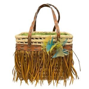 Vintage Bacamunda Bohemian Rattan Feather & Straw Tote Bag Made In Italy